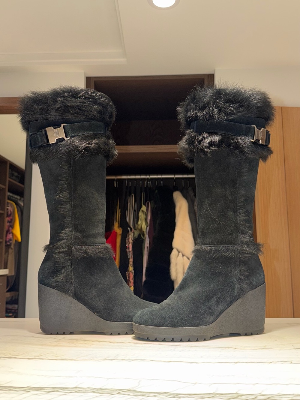 Coach Black Suede Wedge Knee Boots with Faux Fur Trim